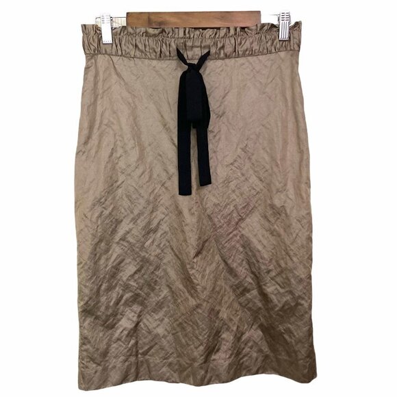 Club Monaco Green Taupe Crinkle Metallic Paperbag Tie Waist Pencil Skirt Size 2 - Picture 1 of 9